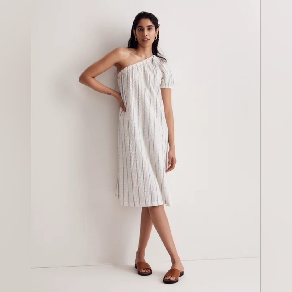 Madewell Seersucker One-Shoulder Puff-Sleeve Midi Dress Stripe XXS Boho Sundress